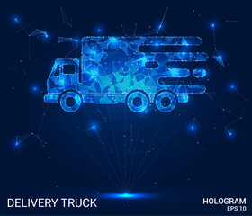 Hologram delivery truck. Delivery truck made of polygons, triangles, dots, and lines. Low-poly delivery truck structure of connections. Technology concept vector.