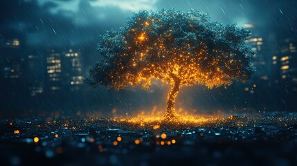 Fototapeta premium A glowing tree growing from cityscapes, representing digital technology in a studio setting, blending organic and synthetic elements.