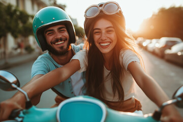 Happy couple on a   motorcycle, having fun. Ai