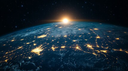 Obraz premium Night planet Earth from space with light lines of communication and connection. Business and finance, concept. Global communications system and the World Wide Web. Technologies and communications.