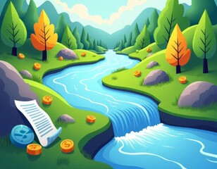 Obraz premium Flowing River of Earnings Before Interest and Taxes with Currency Symbols 