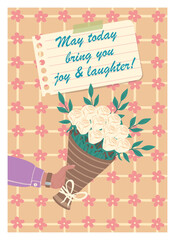 Greeting card with flowers in hand. Bouquet of bright blooming flowers. Elements for greeting card, invitation, print, sticker. Still lifes for birthday, mother's day, valentine's, woman's day.