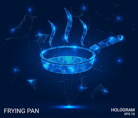 Hologram frying pan. Frying pan made of polygons, triangles, dots, and lines. Low-poly frying pan structure of connections. Technology concept vector.