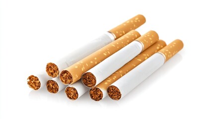 Close-up of several cigarettes arranged in a pile against a white background.