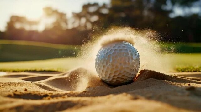 A golf ball emerging from sand, captured in a sunlit setting.