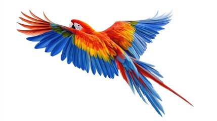 Obraz premium A vibrant scarlet macaw with blue and yellow feathers in flight, isolated on a white background.