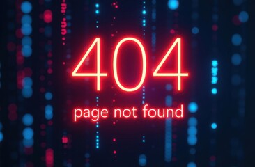 Neon text in center “404” and text "Page not found" under it over blurred digital background. Generative AI tools
