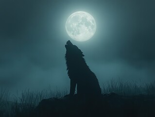 Creepy silhouette of a werewolf howling at the moon, 3D Render Blender Style, middle shot, isolated background, with space for text.