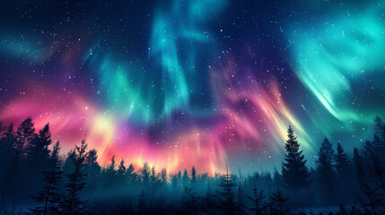 Breathtaking aurora borealis illuminates night sky with vibrant colors, casting magical glow over serene forest landscape. stars twinkle above, enhancing enchanting atmosphere