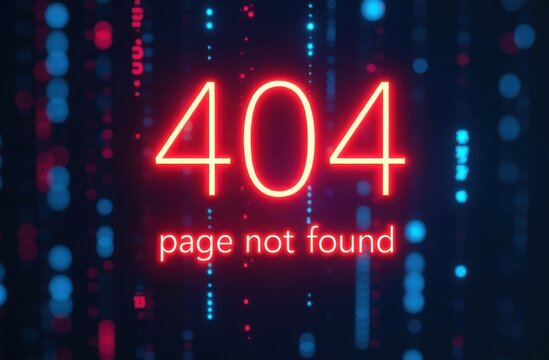 Neon text in center &ldquo;404&rdquo; and text "Page not found" under it over blurred digital background. Generative AI tools