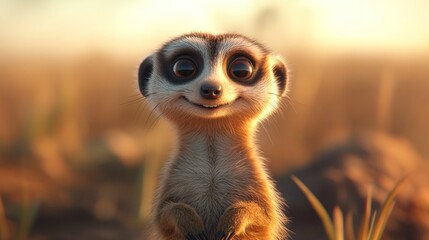 Fototapeta premium A cute meerkat smiling in a sunlit environment, showcasing its playful nature.