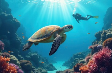 Obraz premium A large turtle swims underwater, surrounded by other fish and beautiful reefs, a diver swims in the background and watches the marine life. Generative AI tools