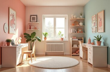 Fototapeta premium Cozy modern children's room in pastel colors. Generative AI tools