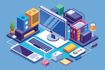 Fototapeta premium A colorful isometric design showcasing a modern desk arrangement featuring gadgets and stationery, Customizable isometric illustration of a leader.