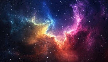 Naklejka premium Vibrant nebula in a starry outer space setting with colorful cosmic elements