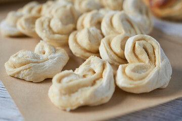 Close-up of yeast dough buns for baking, shallow depth of field.