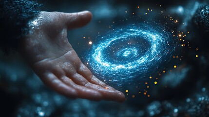 Fototapeta premium A hand reaches towards a captivating data vortex with swirling light particles, symbolizing engagement with complex digital environments.