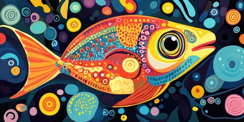Naklejka premium Abstract fish card featuring a colorful 2D cartoon illustration