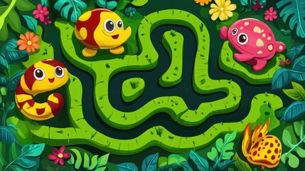 Fototapeta premium Playful maze game for children Engaging labyrinth activity Educational worksheet designed for preschoolers Fun puzzle with cute cartoon illustrations Challenge young minds with this logical riddle