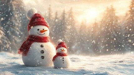 Three cheerful snowmen, each adorned with colorful hats and scarves, are surrounded by winter greenery and soft snow, evoking a playful holiday spirit.