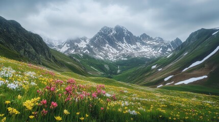 A beautiful mountain landscape with a field of flowers in the foreground