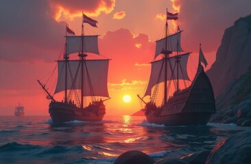 Obraz premium Wooden Viking ships on the open sea. Middle Ages. Computer game and illustration for children's book. Generative AI tools