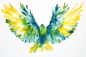 Enchanting watercolor wings adorned with sparkling green and turquoise shades complemented by vibrant yellow feathers