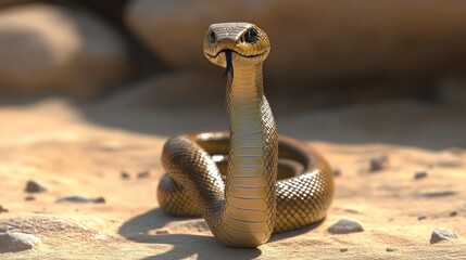 Fototapeta premium A realistic depiction of a golden snake poised on a sandy surface, showcasing its features.