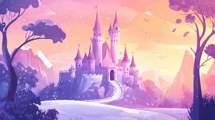 Fantasy fairy tale princess castle design Elegant card cover 2D cartoon illustration EPS 10 format
