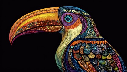 Obraz premium Colorful toucan bird illustration in zentangle art style against a black background