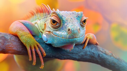 Obraz premium A colorful iguana resting on a branch amidst a vibrant, blurred background.