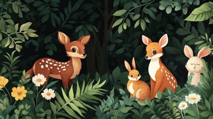 Naklejka premium Charming summer forest scene featuring adorable animals like a deer fox and bunny among lush greenery Ideal for children s wallpaper