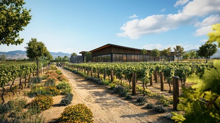 Obraz premium Blueprint of a sustainable vineyard and winery, focusing on organic practices and energy-efficient processing facilities