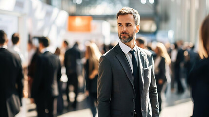 successful rich man wearing black suit standing in the crowd