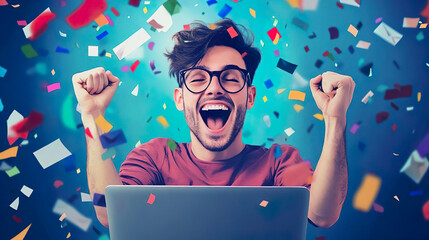 happy jouful moment man recieved offer letter confetti falling