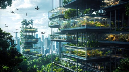 Obraz premium Blueprint of a vertical zoo, illustrating habitats stacked vertically with climate control for diverse species