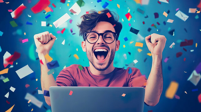 happy jouful moment man recieved offer letter confetti falling