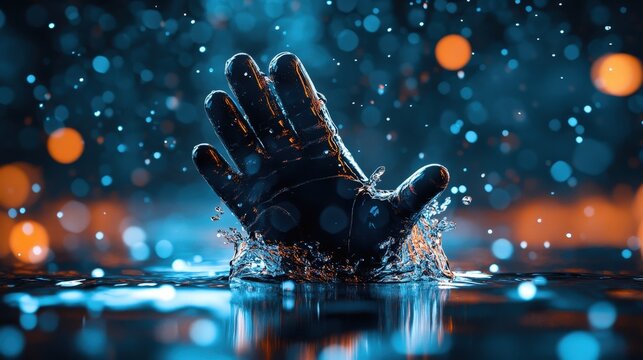 A dramatic image of a hand emerging from water, surrounded by colorful bokeh lights, conveying emotion and depth.