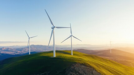 Obraz premium Wind turbines on a green hill against a sunset, showing eco-friendly energy