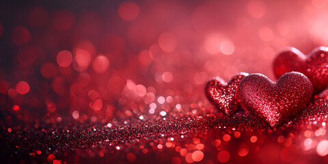 Obraz premium Glittering Red Hearts on Festive Background