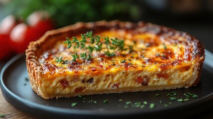 This appetizing quiche features a flaky crust filled with a rich blend of eggs, cheese, and vegetables, creating a delightful dish for any meal.