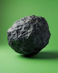 Dark asteroid with a rocky texture isolated on a green backdrop rendered in 3D