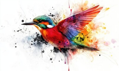 Obraz premium Colorful bird illustrations created using watercolor oil and fractal techniques against a contrasting black and white backdrop