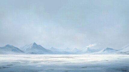 A painting of a snowy landscape with mountains in the background