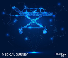 Hologram medical gurney. Medical gurney made of polygons, triangles, dots, and lines. Low-poly medical gurney structure of connections. Technology concept vector.