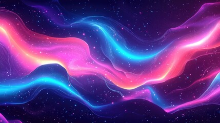 Obraz premium Neon glowing waves magical energy and dynamic light motion create a vibrant backdrop 2D cartoon style wallpaper template