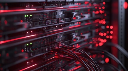 Close-up view of a high-tech server farm construction, with focus on the cooling systems and network cabling