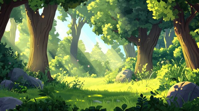 Vibrant summer forest scene featuring lush trees and green grass in a glade A 2D cartoon illustration showcases a wooded area with plants bushes stones and sunlight