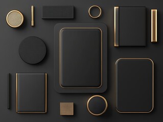 Elegant collection of black and gold geometric shapes for modern design, perfect for branding and creative projects.