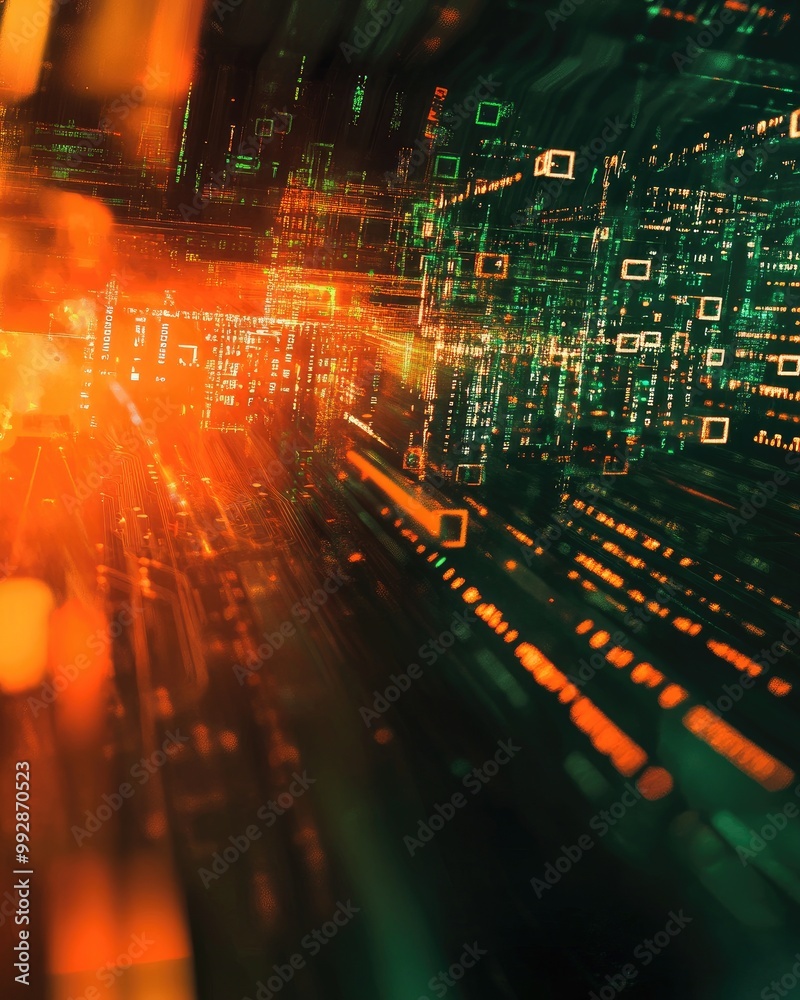 Poster fantasy dark orange and green illustration featuring a technology theme with a computer network back